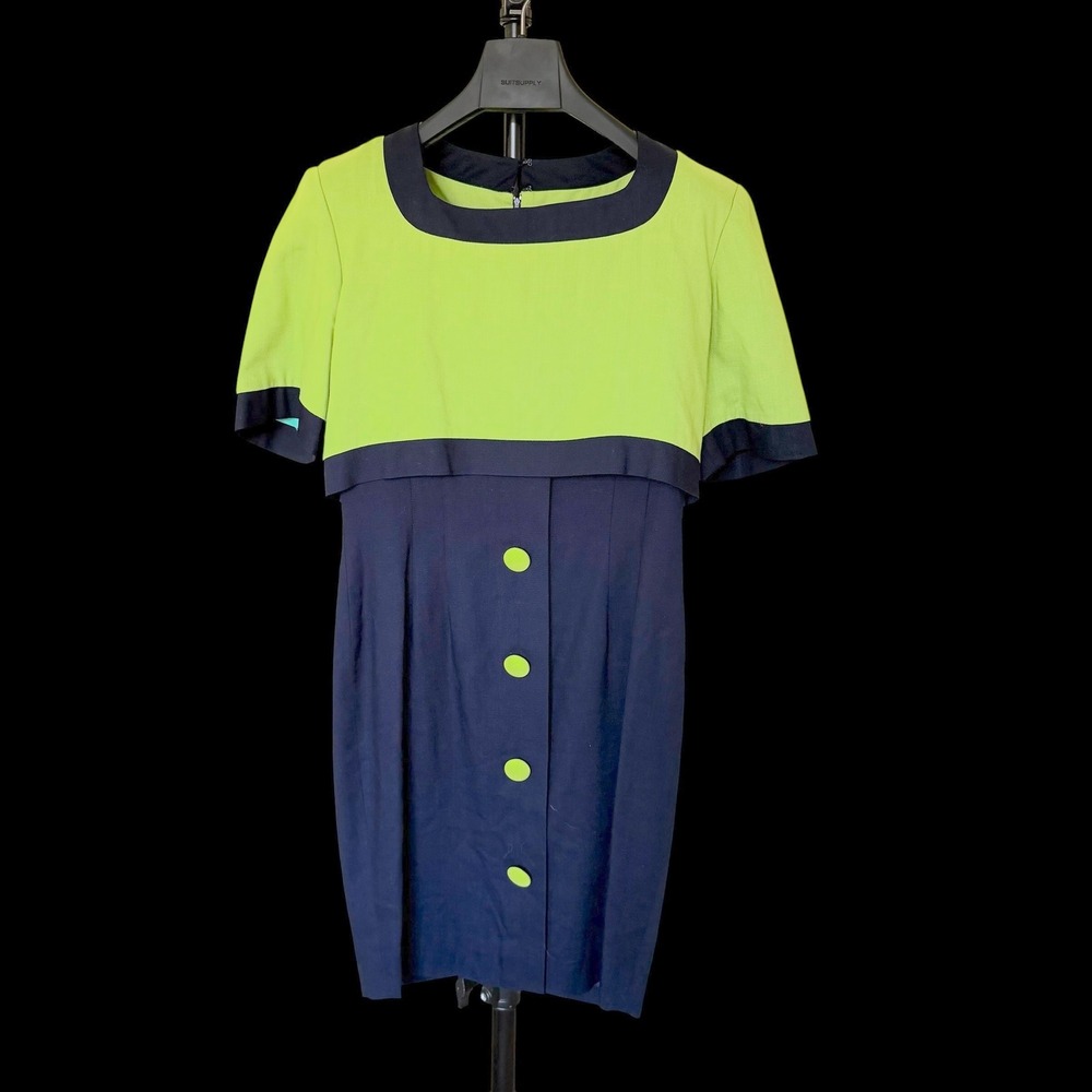 90's Oberon Sheath Dress Lime Green Navy Blue Color Block Short Sleeve Dress